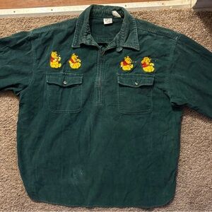 Disney Vintage 90s Winnie The Pooh Green Corduroy Half Zip Shirt Woman’s 2XL